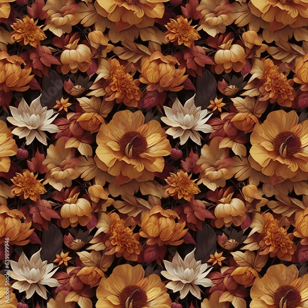 Obraz Trendy dried leaves, blush orange flower, Trendy flowers. Beige, gold, brown, rust. Autumn rustic floral arrangement in rustic style. Colorful flowers, dry leaves, seamless flower, seamless pattern..