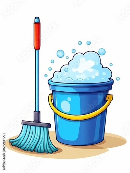 Fototapeta Blue bucket with foam and a mop for cleaning the floor in the room, art