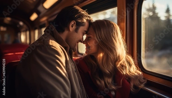 Fototapeta Photo of a couple enjoying the view from a train window