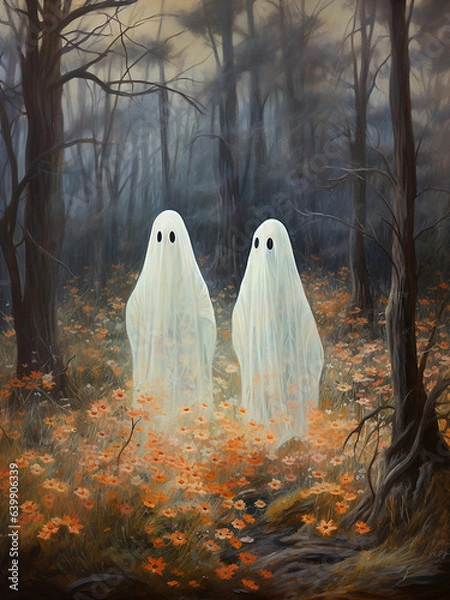 Fototapeta Two ghosts walking in the fall forest, thanksgiving