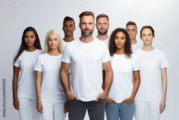 Fototapeta Group of young people in white non-patterned t-shirts on a white background, young team, showing young team workers