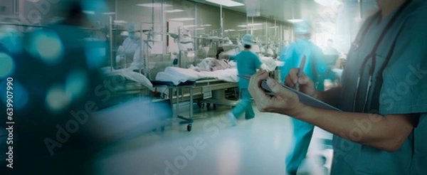 Fototapeta Doctor fills out checklist in the tablet in very busy in the hospital background.
