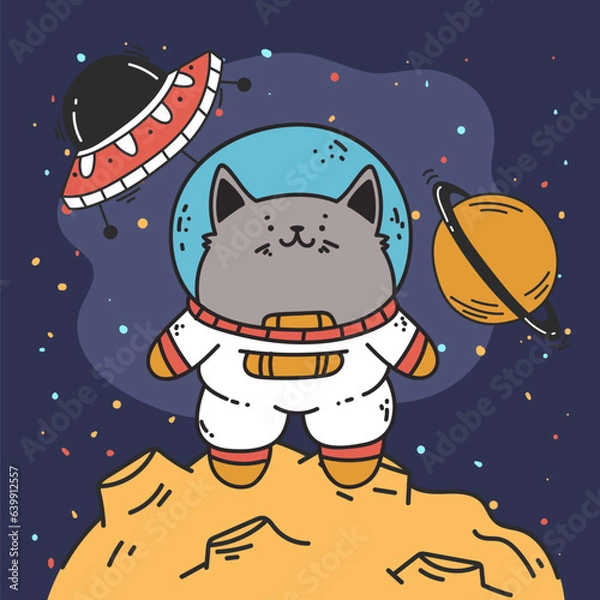 Fototapeta Astronaut cute cat space moon print concept. Vector flat graphic design illustration
