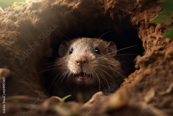 Fototapeta A mole peeks out of his hole. Generated AI.