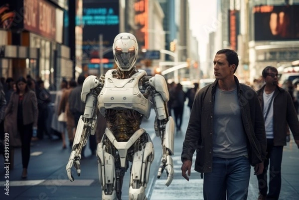 Fototapeta A human-like robot walking around the city center. Generated AI.
