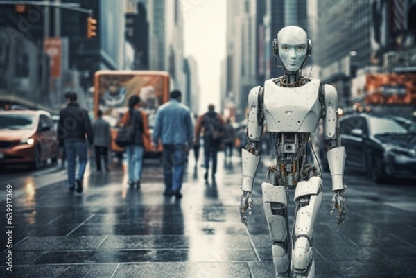 Obraz A human-like robot walking around the city center. Generated AI.