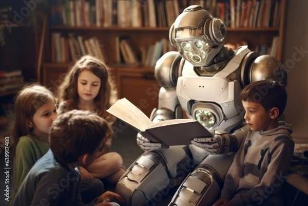 Fototapeta A human-like robot reading a book to the children.  Generated AI.