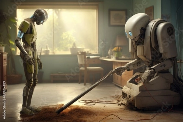 Fototapeta A human-like robot is vacuuming.. Generated AI.