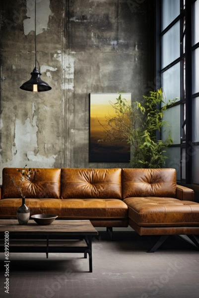Fototapeta Modern loft open space apartment with wooden beams and floor, simple modern furniture, gray leather sofa, coffee table, brick wall, view from the living room