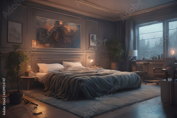 Fototapeta penthouse bedroom at night, dark gloomy with fog spooky view, A room with a view of spooky panoramic from the bed