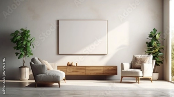 Fototapeta Front view of a modern minimalist scandi living room. White wall with poster template, commode, comfortable armchairs, green plants in pots. Home decor. Mockup, 3D rendering.