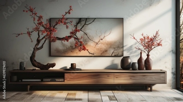 Fototapeta Front view of modern luxury japandi living room. Gray wall and wooden floor, large painting with landscape, console with decorative vases and sakura branches, home decor. Mockup, 3D rendering.