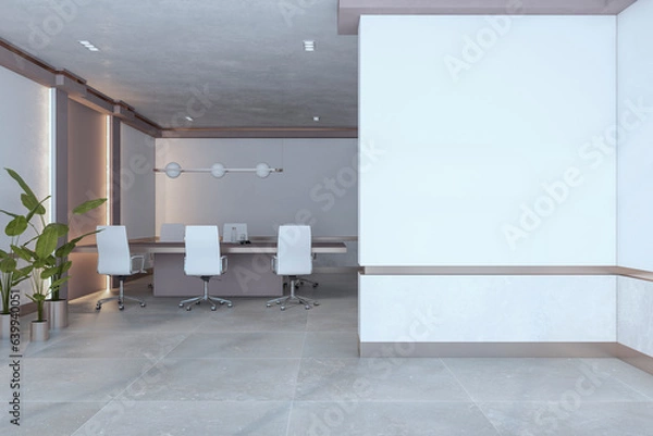 Fototapeta Modern stylish meeting room interior with empty mock up place on wall, furniture and equipment, wooden flooring and daylight. 3D Rendering.