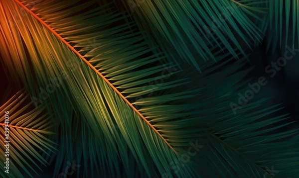 Fototapeta Palm leaves wallpaper. Sunny tropical background. For banner, postcard, book illustration. Created with generative AI tools