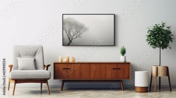 Fototapeta Front view of a modern minimalist scandi living room. White wall with poster template, commode, comfortable armchair, green plant in decorative pot. Home decor. Mockup, 3D rendering.