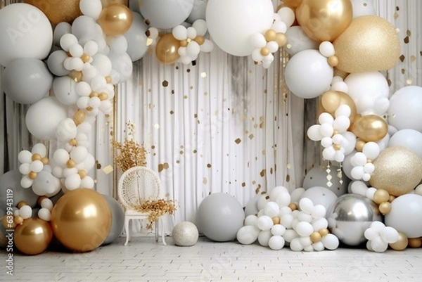 Obraz Wedding arch decorated with white and golden balloons.  Birthday decor