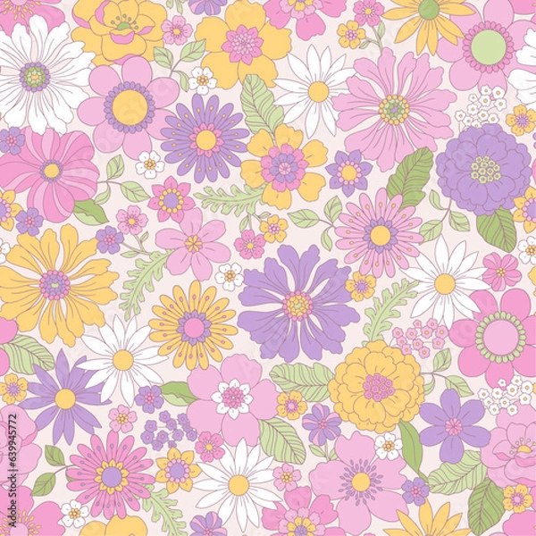 Fototapeta 70s Retro Floral Seamless Vector Pattern