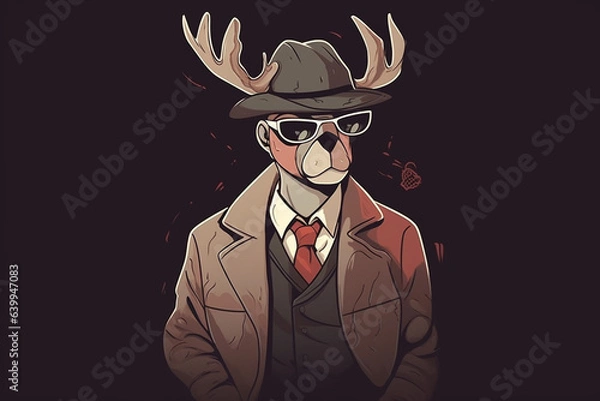 Fototapeta a Reindeer with a red nose is a detective, anime artstyle, comic, stylized - Generative Ai