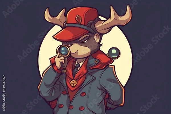 Fototapeta a Reindeer with a red nose is a detective, anime artstyle, comic, stylized - Generative Ai