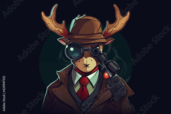 Fototapeta a Reindeer with a red nose is a detective, anime artstyle, comic, stylized - Generative Ai