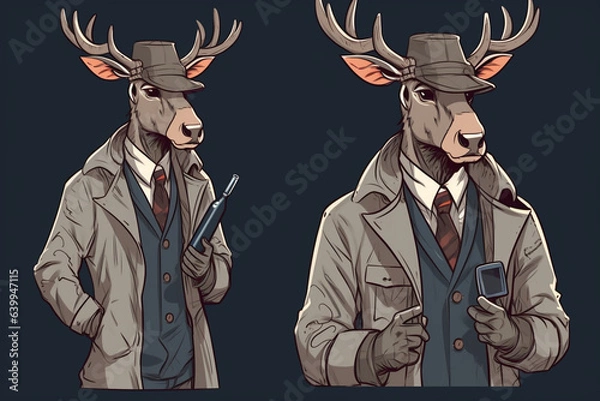 Fototapeta a Reindeer with a red nose is a detective, anime artstyle, comic, stylized - Generative Ai