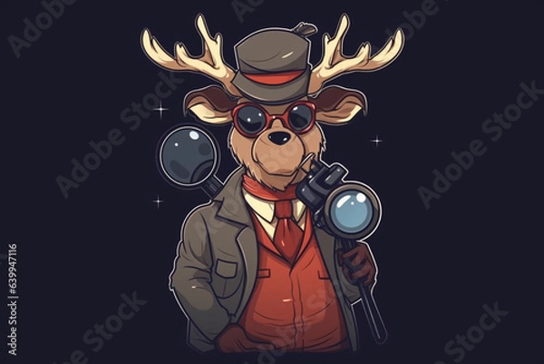 Fototapeta a Reindeer with a red nose is a detective, anime artstyle, comic, stylized - Generative Ai