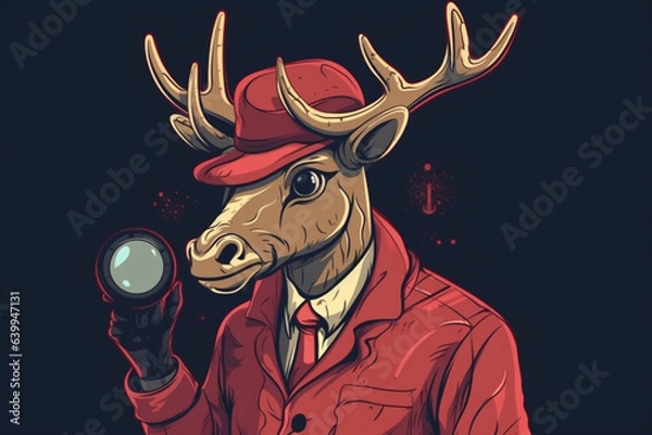 Fototapeta a Reindeer with a red nose is a detective, anime artstyle, comic, stylized - Generative Ai