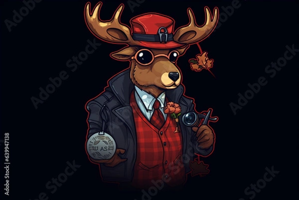 Fototapeta a Reindeer with a red nose is a detective, anime artstyle, comic, stylized - Generative Ai