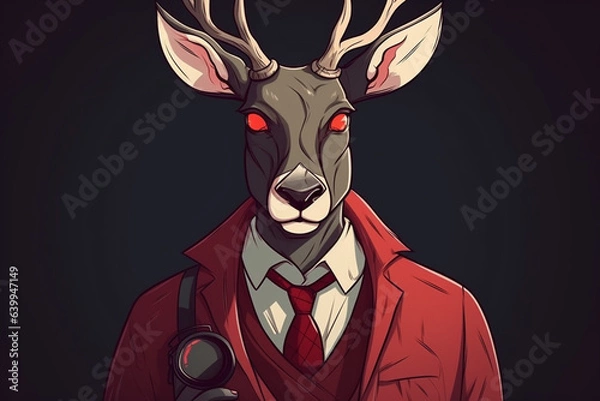 Fototapeta a Reindeer with a red nose is a detective, anime artstyle, comic, stylized - Generative Ai