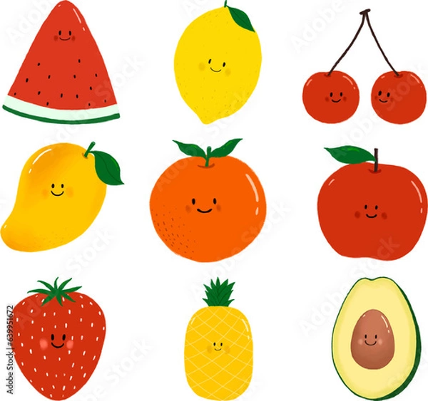 Obraz Cartoon fruits characters, cute style, fruits collection, Vector food illustration, happy fruits