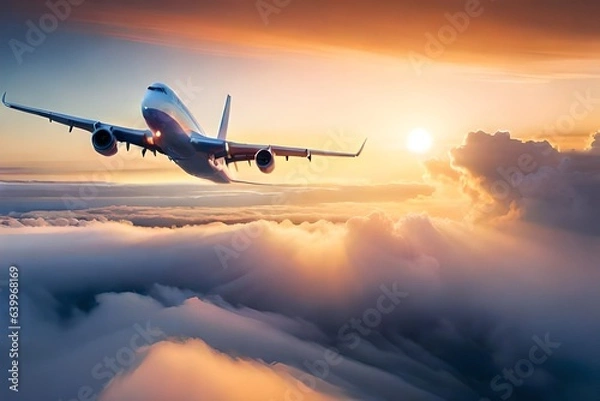 Fototapeta airplane in the sky at sunset generated Ai.