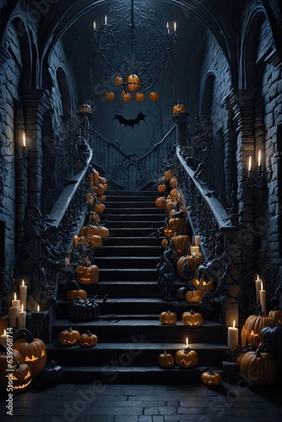 Obraz Halloween staircase backdrop with pumpkin, bat, spiderweb