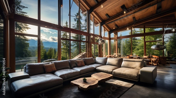 Obraz Beautiful luxury warm living room with brown leather couches sofa, sofa table, and plants. Amazing enviable view to mountains landscape through the window during morning sunrise. Empty with nobody