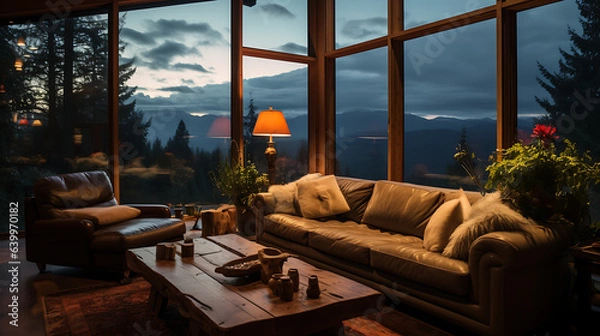 Obraz Beautiful luxury warm living room with brown leather couches sofa, sofa table, and plants. Amazing enviable view to mountains landscape through the window during sunset. Empty hotel with nobody. zoom