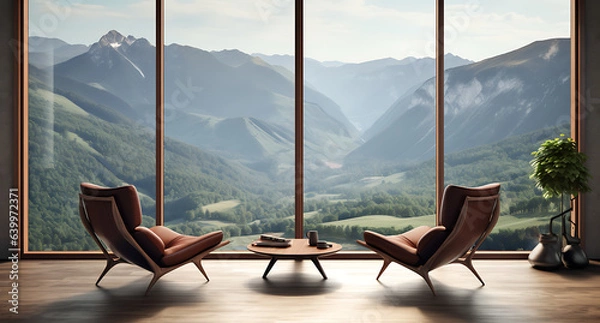 Obraz Beautiful luxury warm living room with two brown leather couches, sofa table, plants. Amazing view to mountains landscape through the window. Empty with nobody