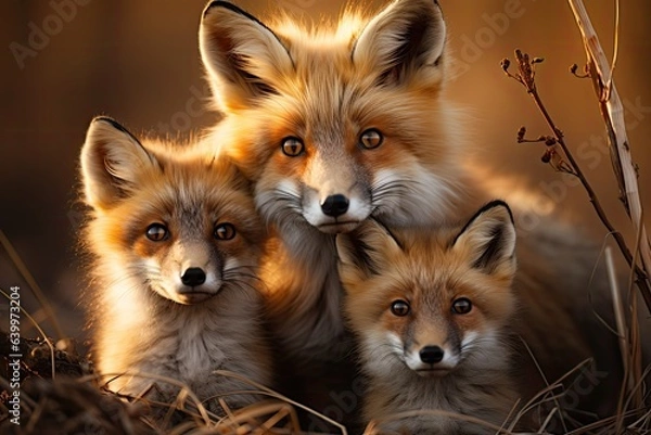 Fototapeta mother red fox with little foxes in autumn