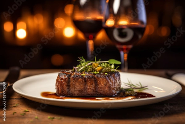 Fototapeta Steak BBQ. Close-Up Shot. TAGS: Food advert, Eye catching, Exquisite, Delicious, Mouthwatering, Appetizing, Irresistible, Impressive. Ai Generated Art.