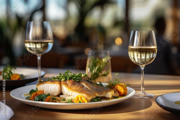 Fototapeta Editorial photography, yummy jucy seafood and white wine, blurred background, high definition, summer, restaurant, copyspace. Ai generated.