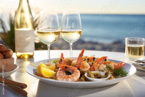 Fototapeta Editorial photography, yummy jucy seafood and white wine, blurred background, high definition, summer, restaurant, copyspace. Ai generated.