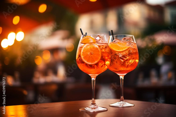 Fototapeta Food photography, editorial photography, close-up of Aperol Spritz Cocktail, blurred background. Ai Generated Content