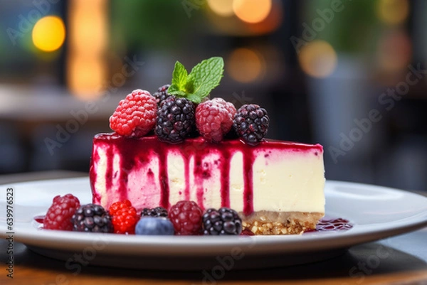 Fototapeta CHEESECAKE FRUTTI DI BOSCO, blurred background, high definition, food photography, desert, yummy, Ai generated, generative Art.