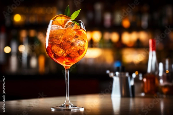 Fototapeta Food photography, editorial photography, close-up of Aperol Spritz Cocktail, blurred background. Ai Generated Content
