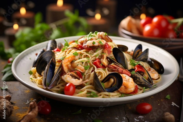 Fototapeta Food photography, editorial photography, close-up of spaghetti ai frutti di mare, delicious italian pasta, mussels, shrimps, squid, clams, seafood, white blurred background, ai generated, AI.