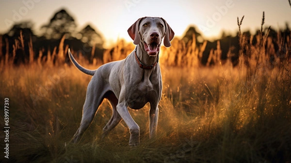 Fototapeta Weimaranian hunting dog in field with pheasants. Nice lighting, dog photography,hunting, hunting breeds, working dog. Weimaraner. Generative Content.
