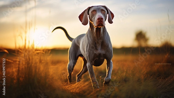 Fototapeta Weimaranian hunting dog in field with pheasants. Nice lighting, dog photography,hunting, hunting breeds, working dog. Weimaraner. Generative Content.