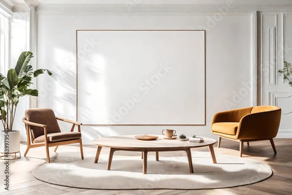 Fototapeta A round wooden coffee table with a art work mockup frame is placed next to a sofa and an armchair against a window and a wall. Scandinavian living room interior design