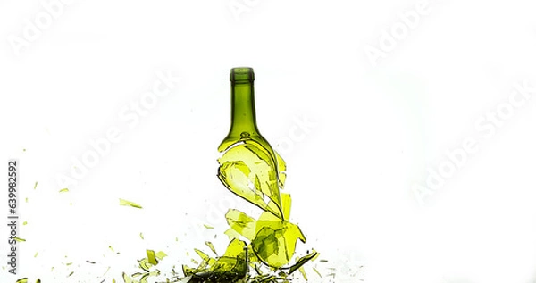 Fototapeta Bottle of White Wine Breaking and Splashing against White Background