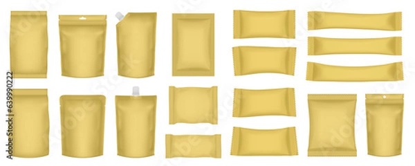 Fototapeta Set of realistic pouch mockups. Gold flow pack, sachet, zip bag and doypack. Ice cream wrapper. Sheet mask sachet. Soap or wet wipes packaging. Sugar stick