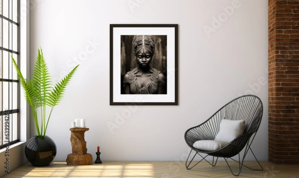 Fototapeta Unfilled picture enclosure simulation set in a Scandinavian design living space, up-to-date internal backdrop of a living area, pale beige couch accompanied by plume-like pampas grass.