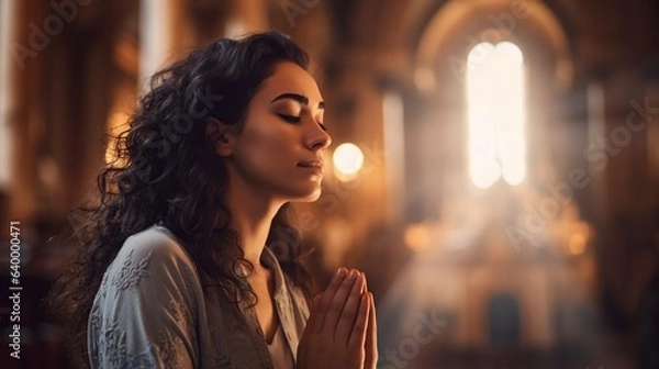 Fototapeta attractive woman praying in the church